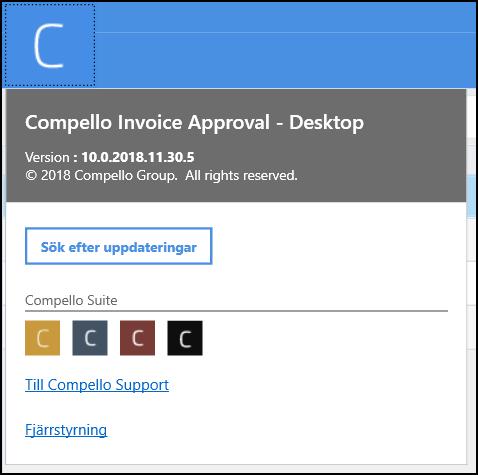 Huvudmenyer Version samt kontaktuppgifter till Compello Support Tryck på Compellosymbolen överst till vänster för att enkelt få fram önskad information.