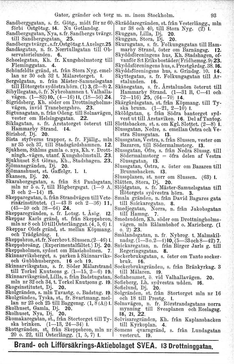 Gator, gränder och torg m. m. inom Stockholm. 93 Sandbergsgatan, s. fr. Götg., midt för nr 60 Skräddaregränden, st. från Vesterlångg., mln förbi Ostgötag. 14. Nu Gotlandsg.