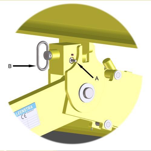 Oket måste ännu hänga i lyftkroken så att det hålls upprätt. Tryck in spärren A och dra ut kopplingssprinten B. Klämkäften är nu fri från oket.