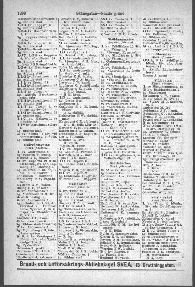 ' änkefru 1298 102 kv.bondesonen m.s iig. Sthlms stad 103 kv. Kopparn 6 104. kv. Bondesonen m. 6, 7' äg. Boopska.{attlghusin. rättn.: 10;:» kv. Kopparn äg. Sthlm. stad 106 kv, Barnängen m.t? 107,109 kv.