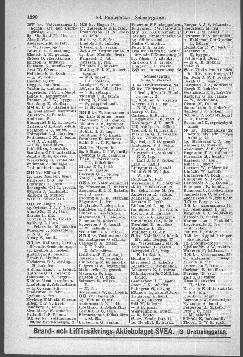 1290 S:t Paulsgata.n-Scheelegatan. 27 kv. Vattumannen 1; 32 kv. Hagen 13 Peterson F E, skeppsrum. Berger A J S, te!. assist. hörnh., äfv. adr. Björngårdsg. 2 Fredriksson H S, folk 37 kv.