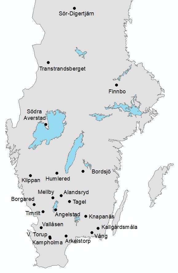 Lokalbeskrivning Lokalerna som använts i denna studie är belägna i ett område från Mellansverige till södra Sverige, där merparten ligger i södra Sverige, se Figur 1.