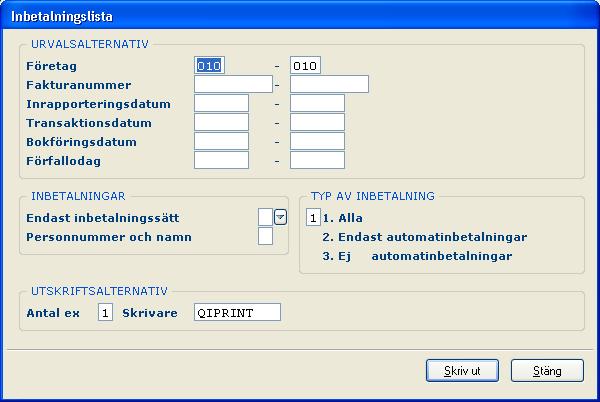 36 Kundreskontra 5.2 Inbetalningslista 5.2.1 Översikt Ur kundreskontran kan en lista tas fram över de inbetalningar som skett.