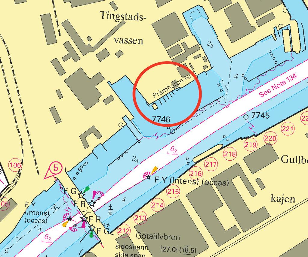 21 Nr 246 * 5411 Sjökort/Chart: 1352, 9312 Sverige. Kattegatt. Göteborg. N om Götaälvbron. Nya bryggor. Nya bryggor har byggts norr om Götaälvbron. Se sjökortsbild.