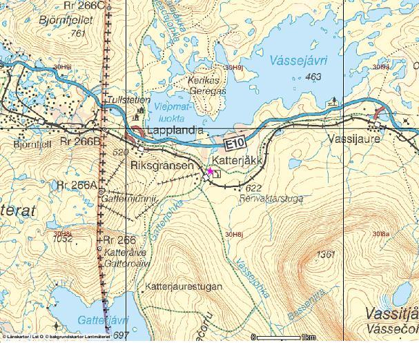 Bilaga 3 Förslag till nya mätstationer 3:1 Katterjåkk Karta som beskriver mätstationens placering (indikeras med röd stjärna) Förhärskande vindriktningar (från www.windfinder.