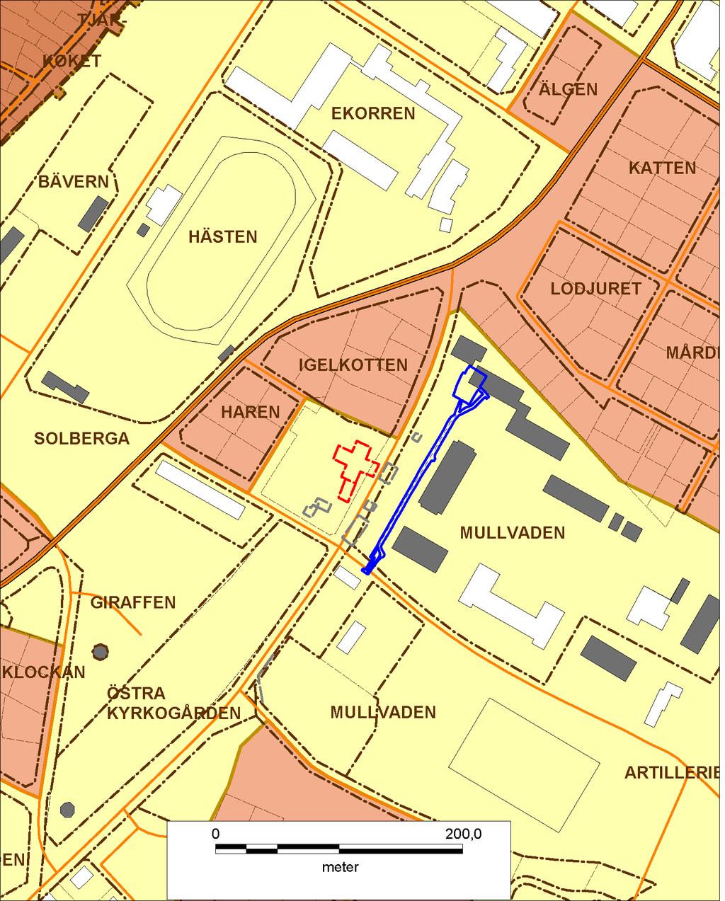 Fig. 2. Översiktsplan över Visby sydost om innerstaden med läget för VA- och fjärrvärmeschaktet i kvarteret Mullvaden markerat.