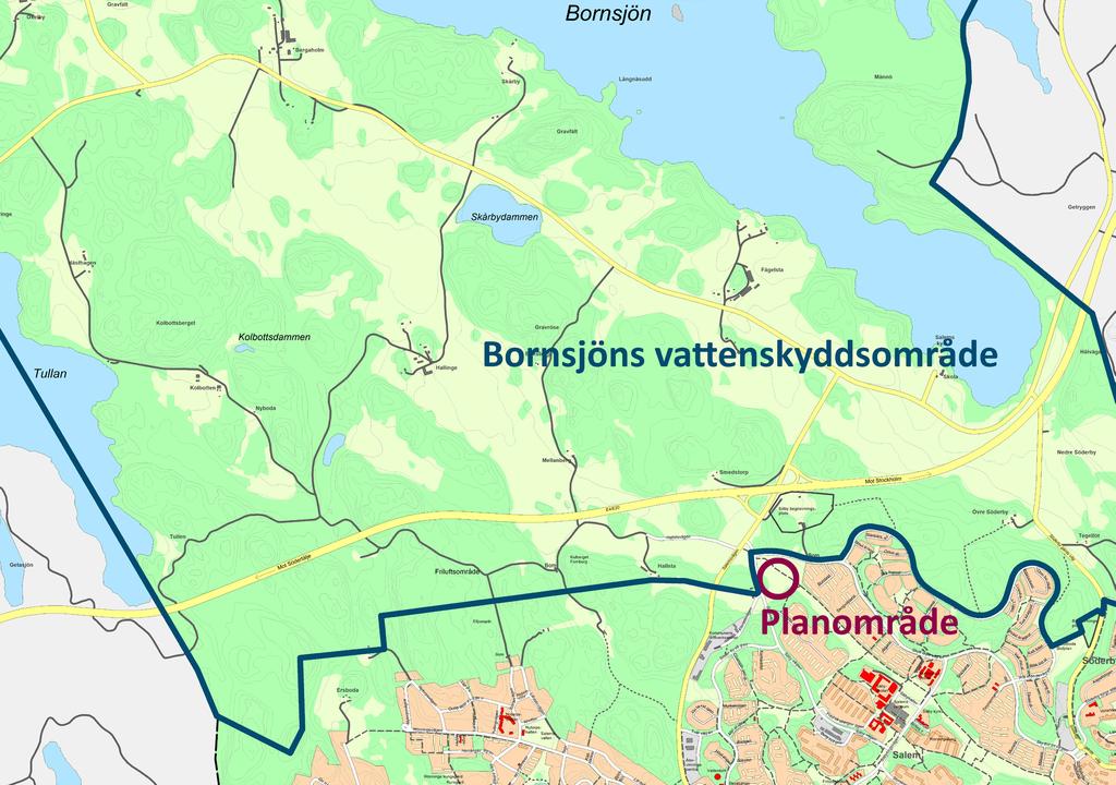Planområdet i förhållande till Bornsjöns vattenskyddsområde Vattenskyddsområde Bornsjön i arbetsmaterial från 2015-08-16 p.g.a. överskridande halter av kvicksilver och polybromerade difenyletrar.