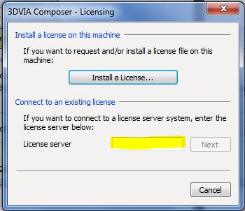 Då får du upp nedanstående ruta, fyll då i följande: @192.168.73.4 STEG 4. Nu försöker 3DVIA kontakta licensservern och funkar att som det ska så startar 3DVIA Composer. Om inte prova starta det igen.