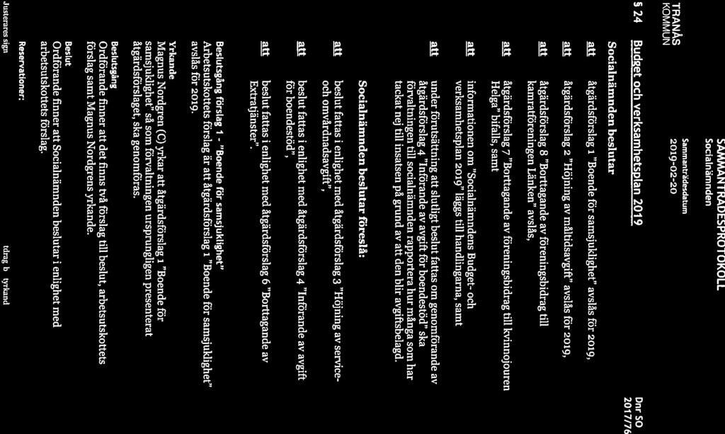 Sammanträdesdatu m SAMMANTRADESPROTOKOLL Sida 7(25) 24 Budget och verksamhetspian 2019 Dnr 50 2017/76 beslutar fl åtgärdsförslag i Boende för samsjuldighet avslås för 2019, fl åtgärdsförslag 2