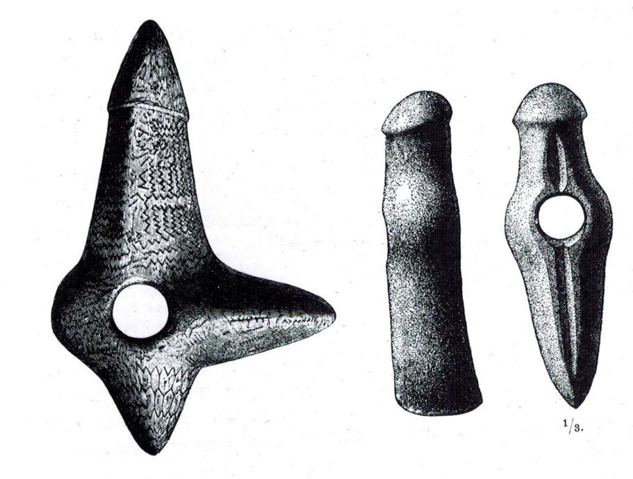 Bild 7. Mesolitisk skafthålshacka från Bohuslän, formad som en fallos, jämförd med mångkantig stridsyxa som har en liknande fallosform (Efter Hallgren 2008).