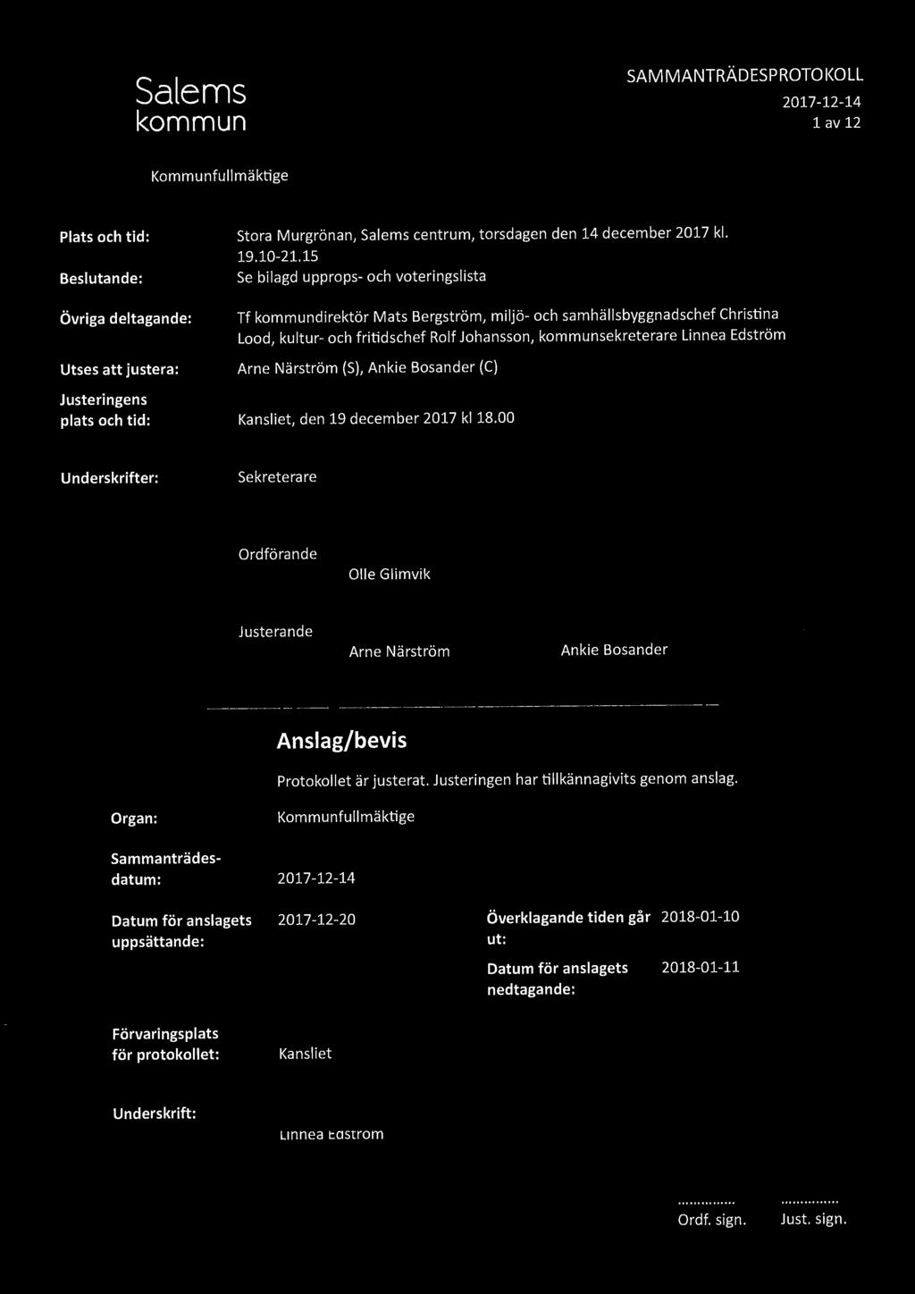 SAMMANTRÄDESPROTOl<OLL 1 av 12 Plats och tid: Beslutande: Stora Murgrönan, Salems centrum, torsdagen den 14