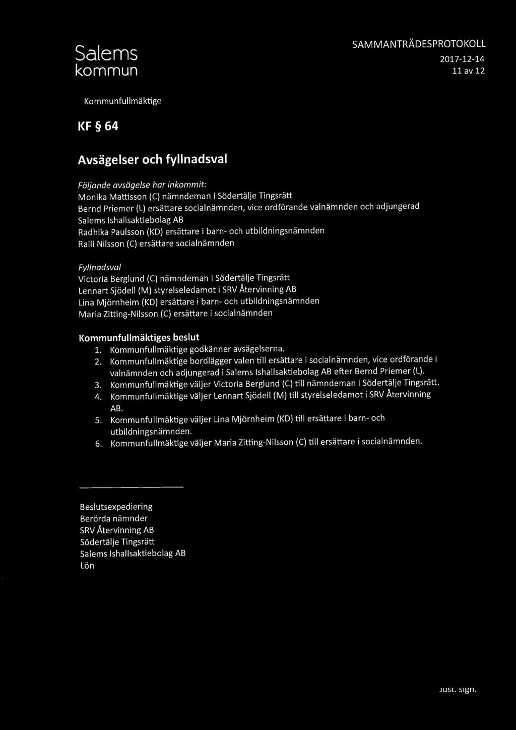 SAMMANTRÄDESPROTOKOLL 11 av 12 KF 64 Avsägelser och fyllnadsval Följande avsägelse har inkommit: Monika Mattisson (C} nämndeman i Södertälje Tingsrätt Bernd Priemer (L) ersättare socialnämnden, vice
