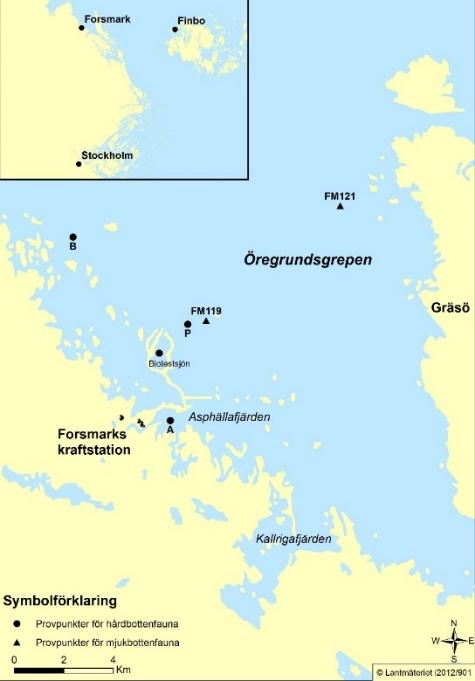 Figur 7. Översikt av Forsmarksområdet med provtagningspunkter för undersökningar av mjuk- och hårdbottenfauna.