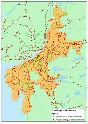 Anpassade hållplatser I Västra Götalandsregionen 2012. De gröna punkterna visar anpassade hållplatser som uppfyller kraven för kantsten och ledstråk.