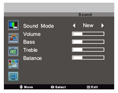 7.2 Ljudmenyn (Sound menu) Ljudläge (Sound Mode): välj ljudläge----user (Eget), Normal (Normalt), Movie (Film) eller News (Nyheter).