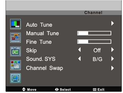 7.3 Kanalmenyn (Channel menu) (menyn kan endast användas i TV-läget) Autotuning (Auto Tune): tryck på knappen ; sökningen kommer att starta från den lägsta frekvensen.