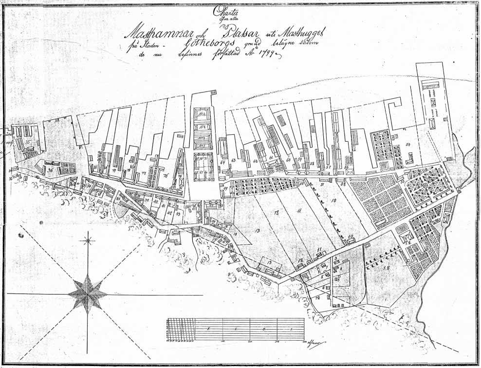 Västra piren Fig. 32. På en karta från år 1799 är Masthuggets masthamnar utmärkta.