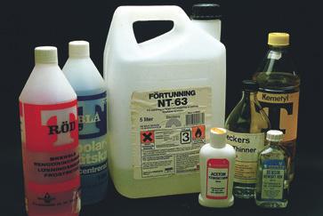 Lösningsmedel JA: Aceton, bensin, diesel, fotogen, avfettningsmedel, tändvätska, eter, etylacetat, glykol,