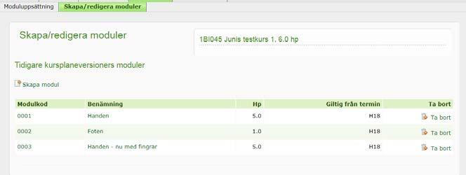 Tips! Om du ska skapa en ny modul, men vill använda moduluppgifter från föregående kursplaneversion, kan du öppna upp en ny flik i webbläsaren och söka fram den tidigare kursplaneversionen i fliken