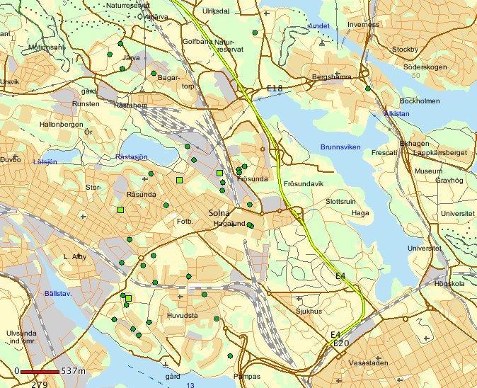 Solna stad - Stöld från bil- bildelsstöld, totalt 62 i oktober 2018. Teckenförklaring: En grön prick = 1 brott, en grön fyrkant = 2-5 brott. En gul fyrkant = 6-10 brott.