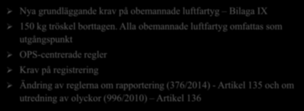 Integrering av obemannade luftfartyg Nya grundläggande krav på obemannade luftfartyg Bilaga IX 150 kg tröskel borttagen.