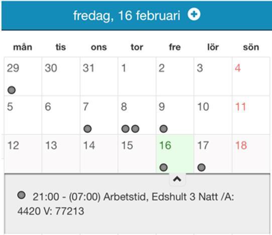 Nattpass När ett pass sträcker sig över en dygnsgräns markeras passet på båda de dagar som är aktuella.