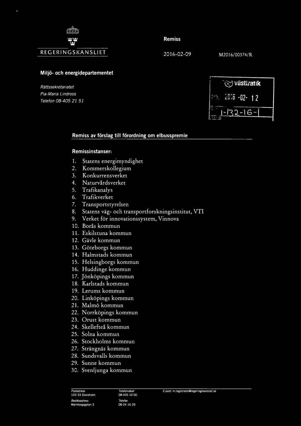 Statens väg- och transportforskningsinstitut, VTr 9. Verket för innovationssystem, Vinnova 10. Borås kommun 11. Eskilstuna kommun 12. Gävle kommun 13. Göteborgs kommun 14. Halmstads kommun 15.