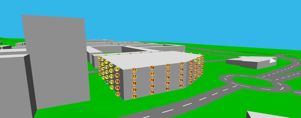 Kund: Göteborgs Stadsbyggnadskontor Beräkningsfall Bilaga 7-3D Vy Vägtrafik Maximal ljudnivå 2035 Fasadpunkter är beräknade som