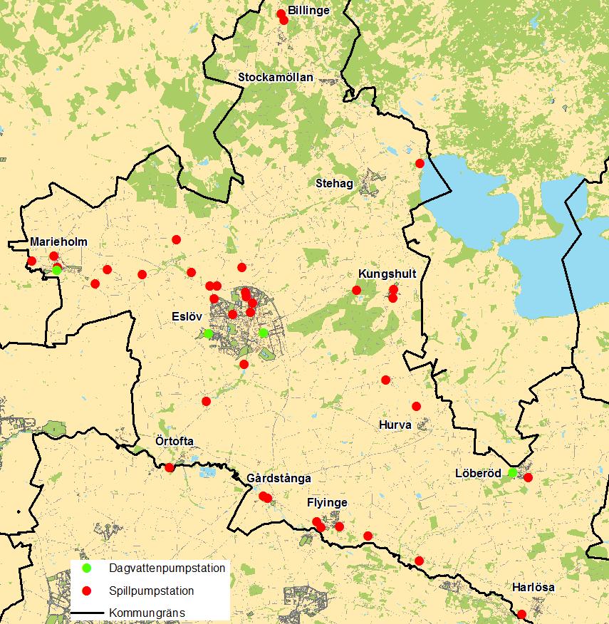 Åtgärdsplan för Eslövs avloppsledningsnät 15 2.4 Pumpstationer Inom VA SYDs verksamhetsområde i Eslövs kommun finns det ett 40-tal pumpstationer, se bilaga 1.