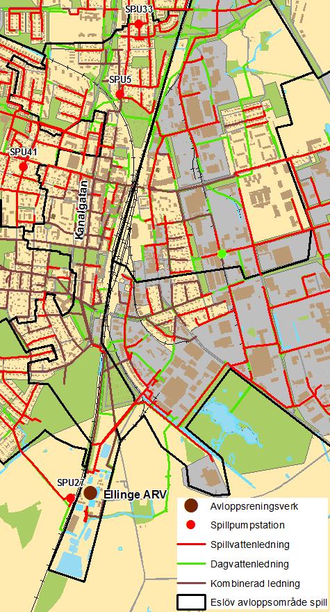 Åtgärdsplan för Eslövs avloppsledningsnät 29 5.1 Kanalgatan Kanalgatanområdet är centralt i Eslövs avloppshantering (se figur 11).