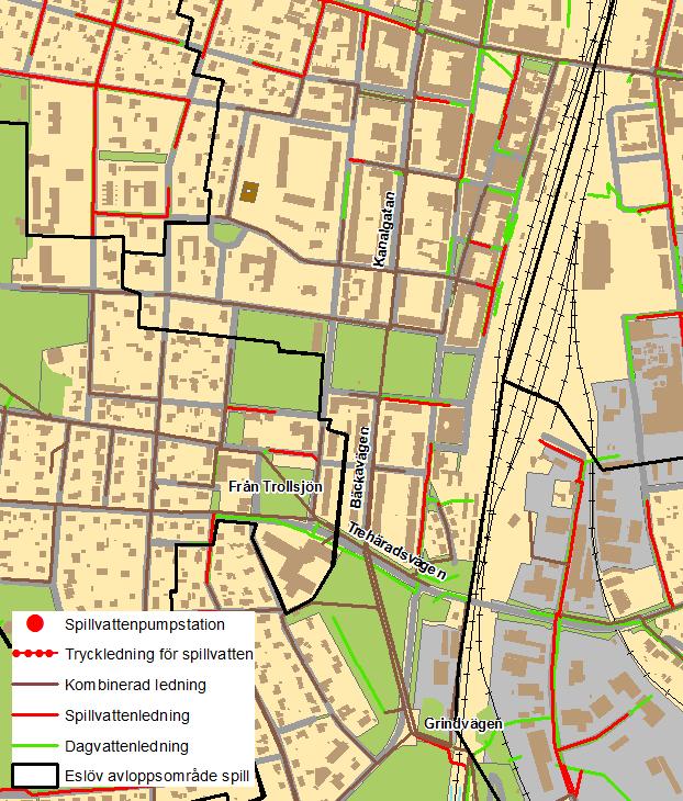 Åtgärdsplan för Eslövs avloppsledningsnät 31 Figur 13 Den södra delen av avloppsområde Kanalgatan.