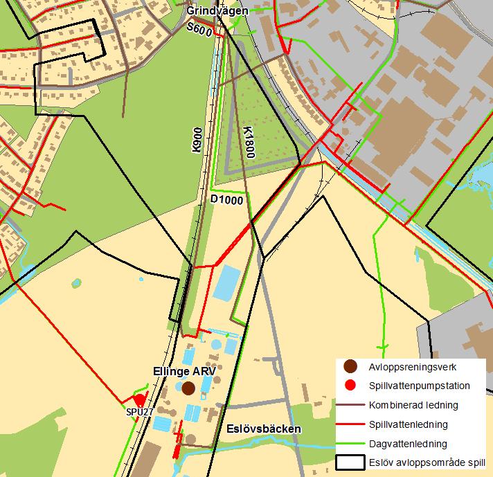 Åtgärdsplan för Eslövs avloppsledningsnät 32 För att kunna bygga ut ett spillvattennät uppströms Grindvägen har en anslutning (600 mm) gjorts på 900-ledningen strax nedströms kammaren.