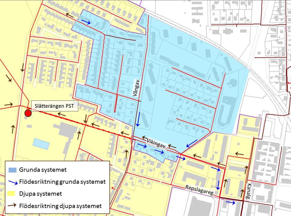 Åtgärdsplan för Eslövs avloppsledningsnät 40 Kring Föreningstorget, i Vikingavägen och i delar av Vångavägen finns både det djupare spillvattensystemet som leder till Slåtterängens pumpstation och