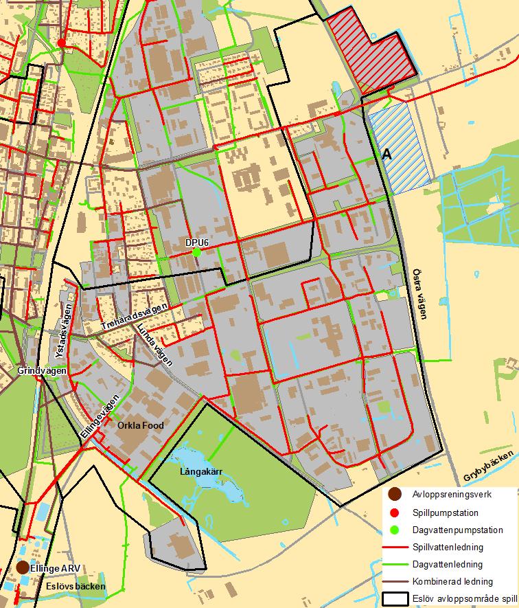 Åtgärdsplan för Eslövs avloppsledningsnät 46 Figur 24 Pumpstationer och ledningsnät i Industriområde söder.