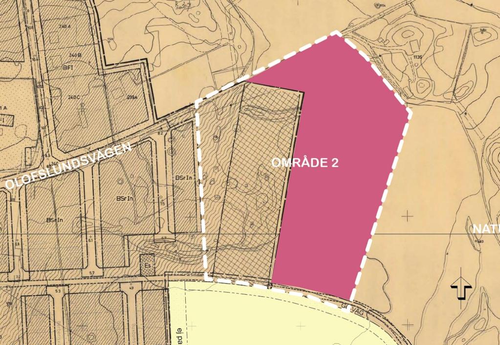 Eskilstuna kommun 6 (23) Utsnittet ur planmosaik för område 2 (vit streckad linje). Med rosa färg visas den mark som ej tidigare varit planlagt och som är jordbruksmark idag.