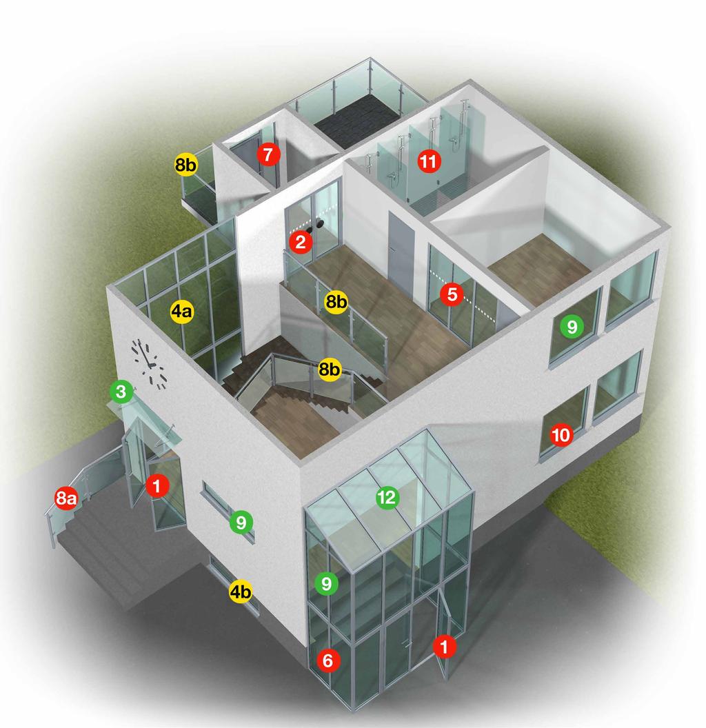 3 I publikationen har glasytor som omfattas av ovanstående krav numrerats och markerats enligt nedan: Färgmarkeringar: Röd Gul Grön Ofärgat = Skydd mot