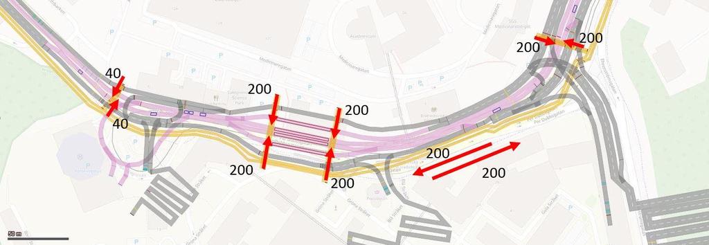 8 (20) Figur 8: Flöden per riktning för gång- och cykeltrafiken för år 2035 för morgon- och eftermiddags-maxtimme, angivna per timme (50/50 gång och cykel).