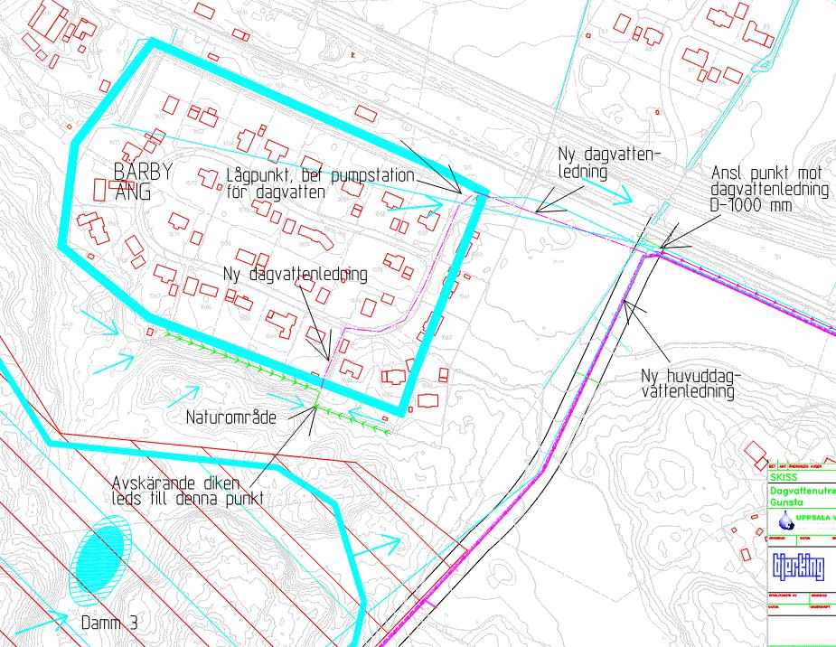 22 Bef bäck Ny anslutningspunkt från diket Framtida avrinningsområde till bäcken/ Bärby Äng Bild 8 Dagvattenhanteringen i Bärby Äng där en dagvattenledning byggs för att ta hand om dagvattnet från