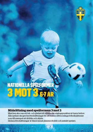 Spelformsutbildning 3 mot 3, 6-7 år Spelformen 3 mot 3 Regler Rekommendationer Plan 15 x 10-12 m Spela med sarg/nät Mål Max 1,6 x 1,15 m 1,5 x 1 m Boll Storlek 3 Boll av god kvalité Speltid 4 x 3 min