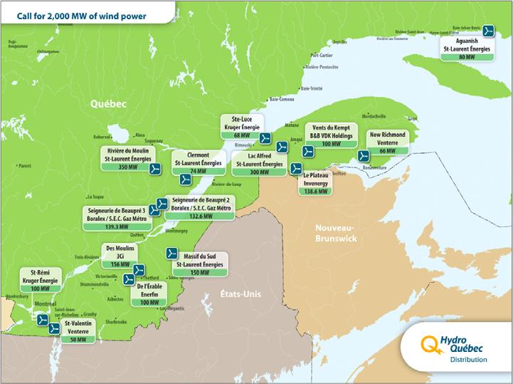 2.5 Point by point 2007, Quebec, CA A large bid for tender of 2000 MW of wind energy capacity was announced by Hydro Quebec (HQ) in 2005.
