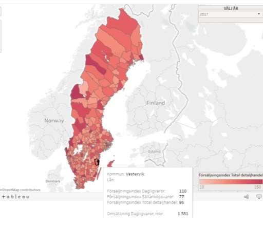 Försäljningsindex i landet (Handeln i Sverige) Arbetet som gjorts inom Västervik Citysamverkan och att Västervik blev Årets Stadskärna 2017 visar på att det finns goda förutsättningar att möta