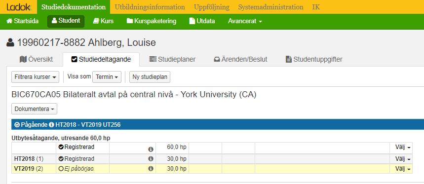 Utbytesstudier två terminer Tillfället ska sträcka sig över två terminer Utbytesåtagandet delas