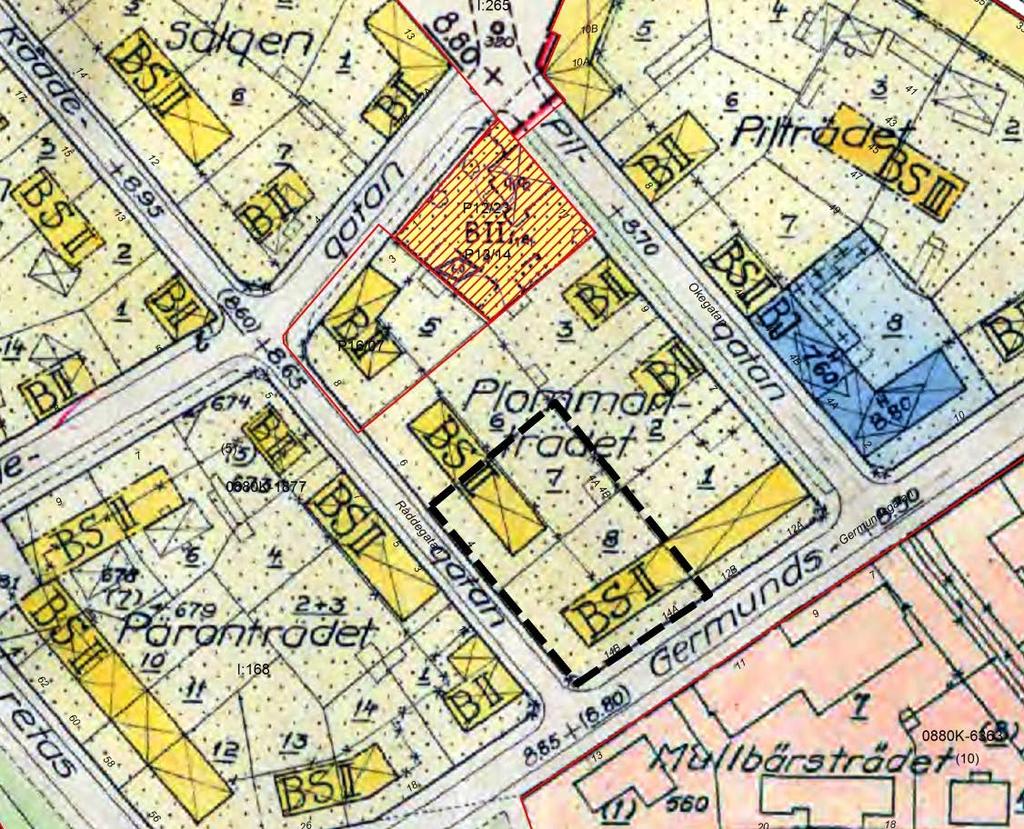 Samhällsbyggnadskontoret Planbesked 3(7) Gällande detaljplan Utdrag ur gällande detaljplan 0880K-I:168 Enligt gällande detaljplan för Plommonträdet 7 och 8 (0880K-I:168, Stadsplan för område kring