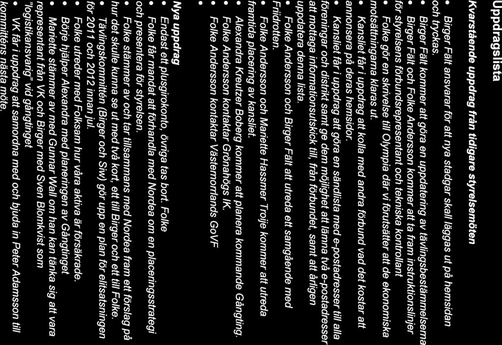 Uppdragslista Kvarstående uppdrag från tidigare styrelsemöten Birger Fält ansvarar för att nya stadgar skall läggas ut på hemsidan och ttyckas.