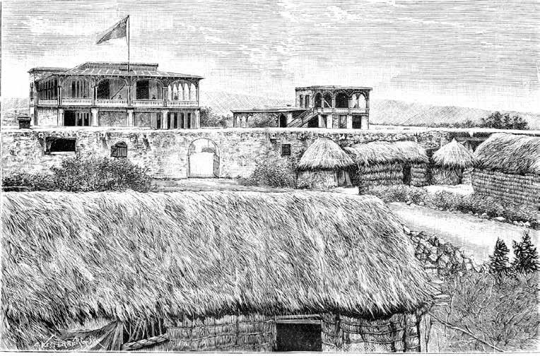 Illustration av missionsstationen Monkullo 1885. Tecknad bild eftersom man då inte börjat trycka foton. w vänner hemma, klädd i förkläde samt till och med i röd hjärtvärmare.
