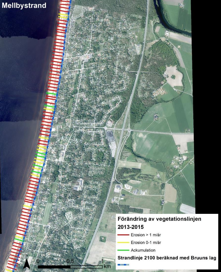 Figur 1 Strandlinjeanalys 2013 2015, Mellbystrand (Sweco, 2017). Det aktuella detaljplaneområdet är markerat med orange cirkel.