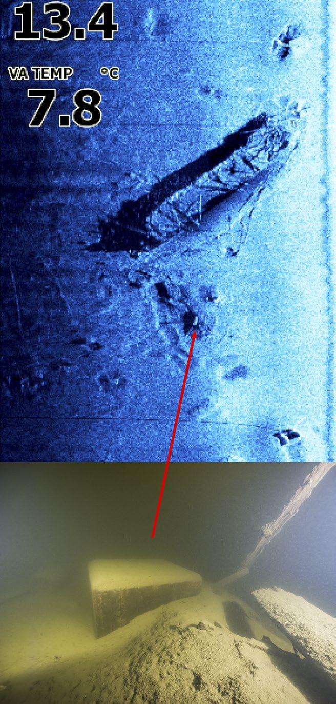 Figur 20. Bilden visar en tung bojsten som förstört delar av lämningen. Bojstenen är det objektet som ger det tydligaste ekot i sonarbilden.