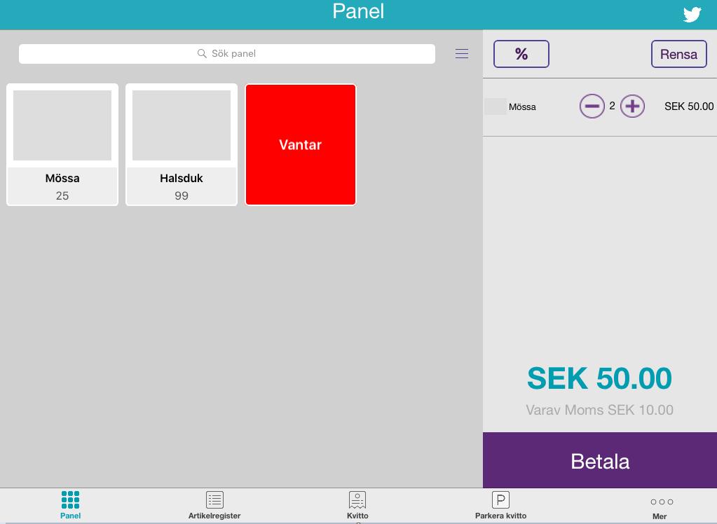 Lägg till artiklar genom Snabbknappar Tryck på Panel för att se dina snabbknappar. Lägg till en artikel på kvittot genom att trycka på snabbknappen för artikeln.