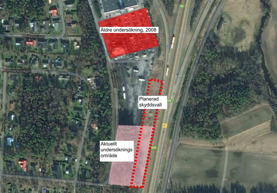 Figur 10: Rödstreckad linje visar läge för planerad skyddsvall i förhållande till nu samt tidigare utförda undersökningar. 7.