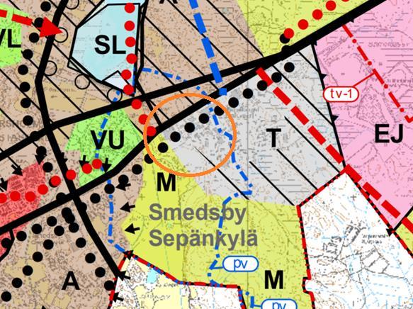 8 (16 4.3 Generalplan KORSHOLMS KOMMUNS STRATEGISKA GENERALPLAN Bild 6 Utdrag ur den strategiska generalplanen. Planeringsområdet har markerats med en orange cirkel.